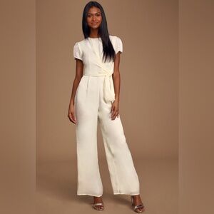 Lulus Let Me Entertain You Ivory Satin Wide-Leg Jumpsuit Size Medium